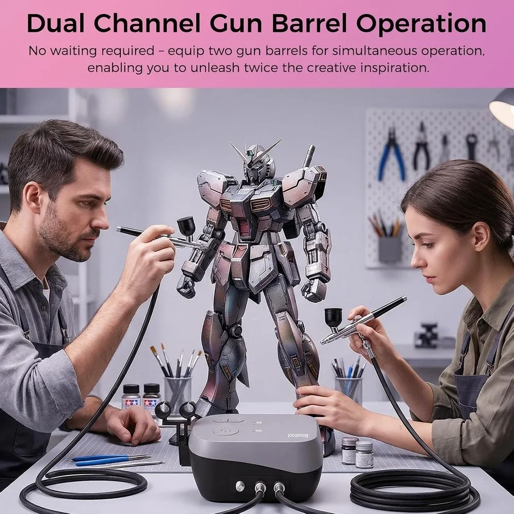 55PSI Dual Airflow Airbrush Kit with Compressor 0.2/0.3/0.5mm Nozzles & Cleaning